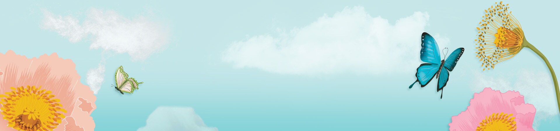 blue background with flowers and butterflies