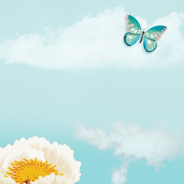 blue background with flowers and butterflies