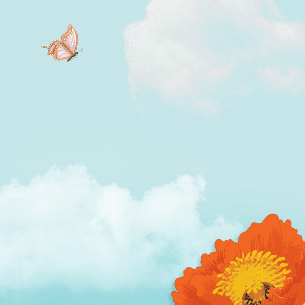 blue background with flowers and butterflies