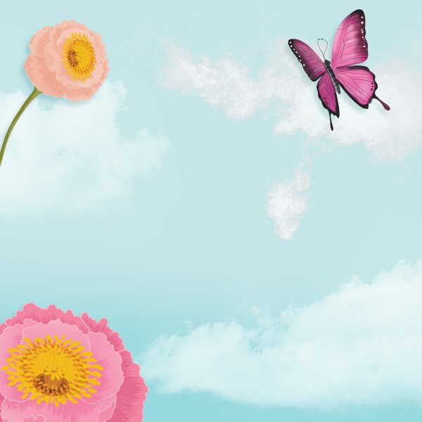 blue background with flowers and butterflies